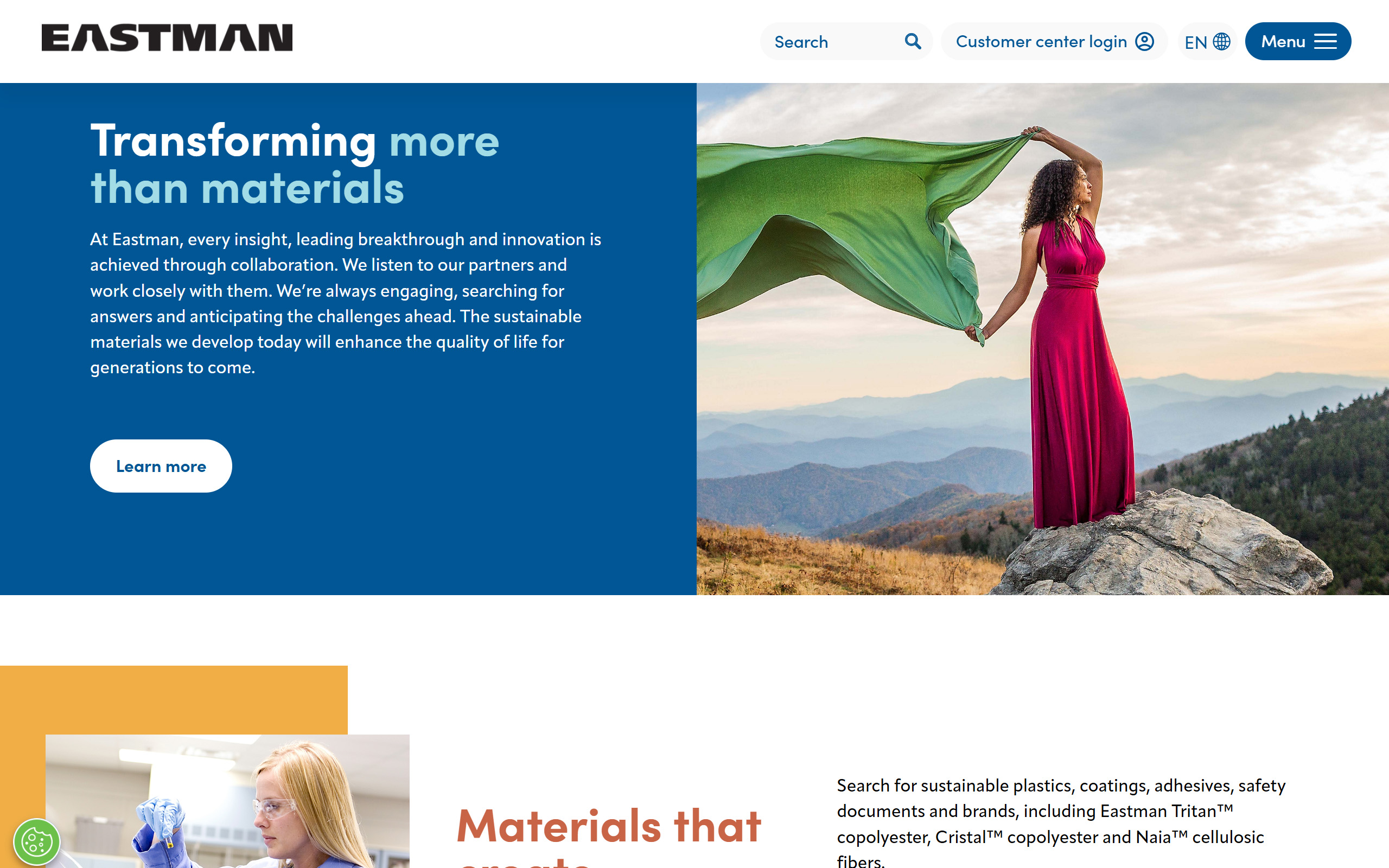 Homepage hero — "Transforming more than materials"