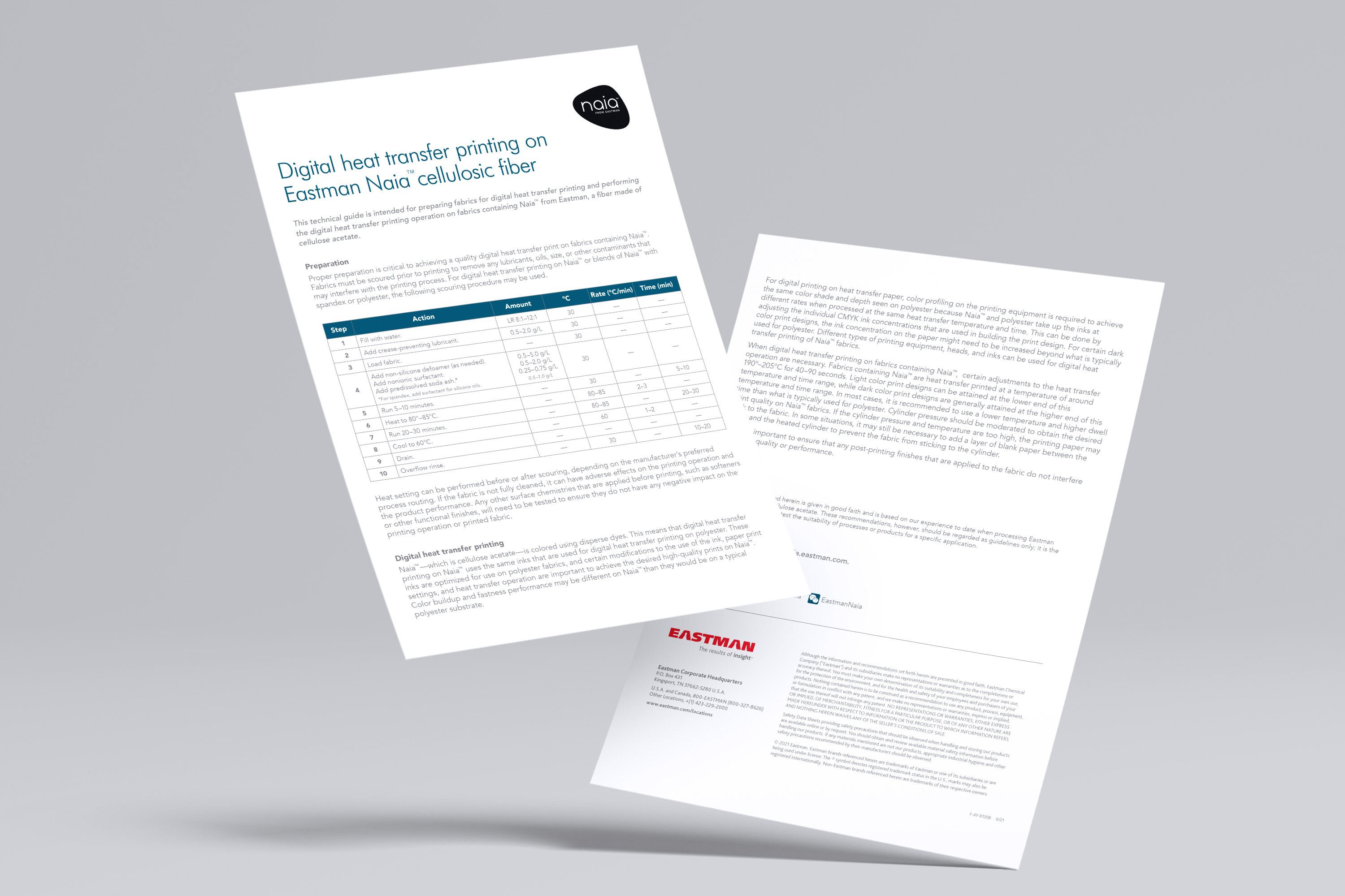 Technical one-pager — heat transfer printing on Naia cellulosic fiber