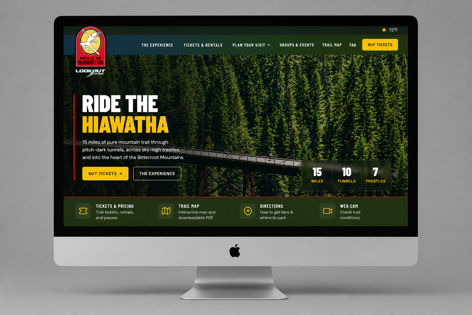 Ride The Hiawatha desktop site — 'Ride The Hiawatha' hero over forest with miles/tunnels/trestles stat row