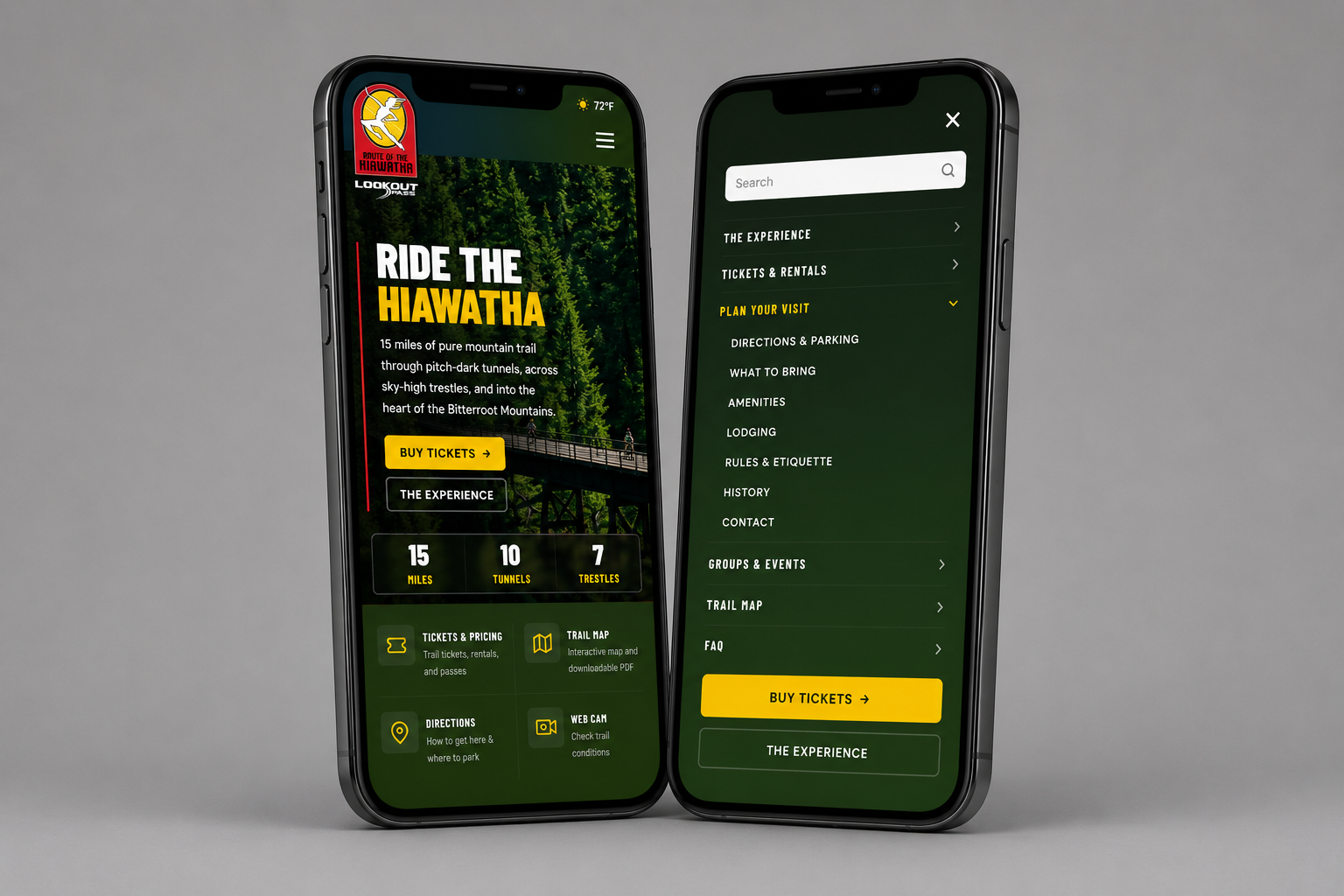 Ride The Hiawatha mobile views — homepage and full navigation menu