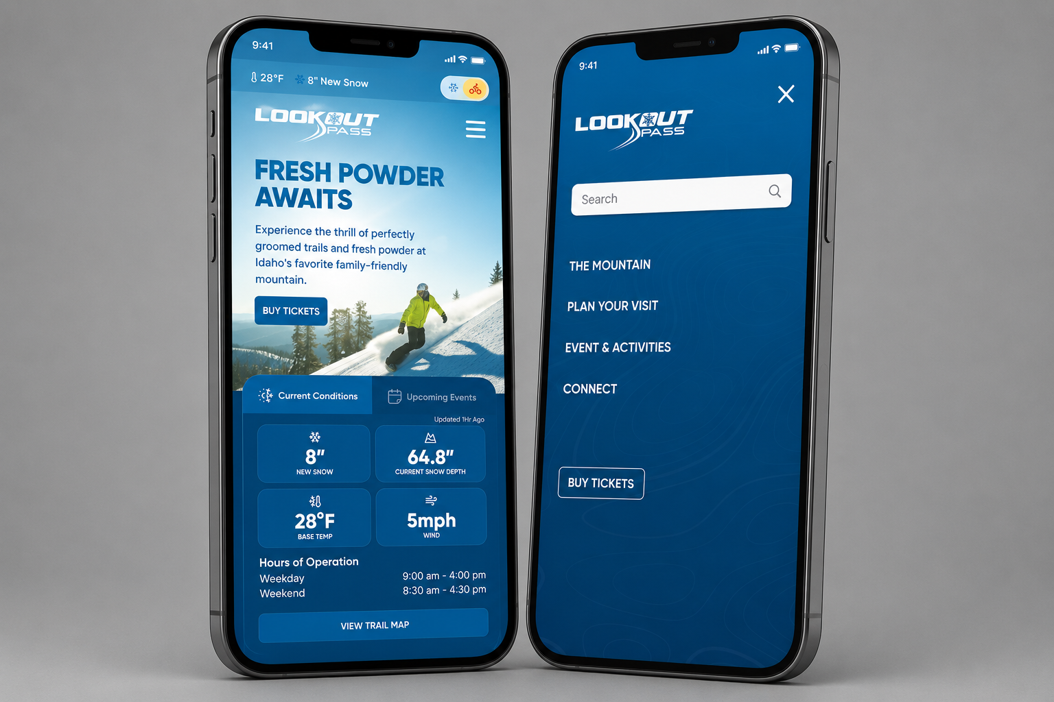 Lookout Pass mobile views — homepage and navigation drawer