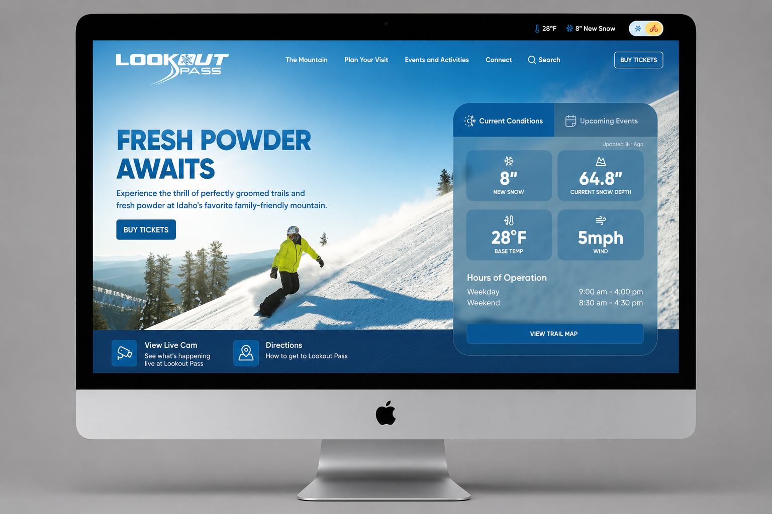 Lookout Pass desktop site — 'Fresh Powder Awaits' hero with current conditions panel